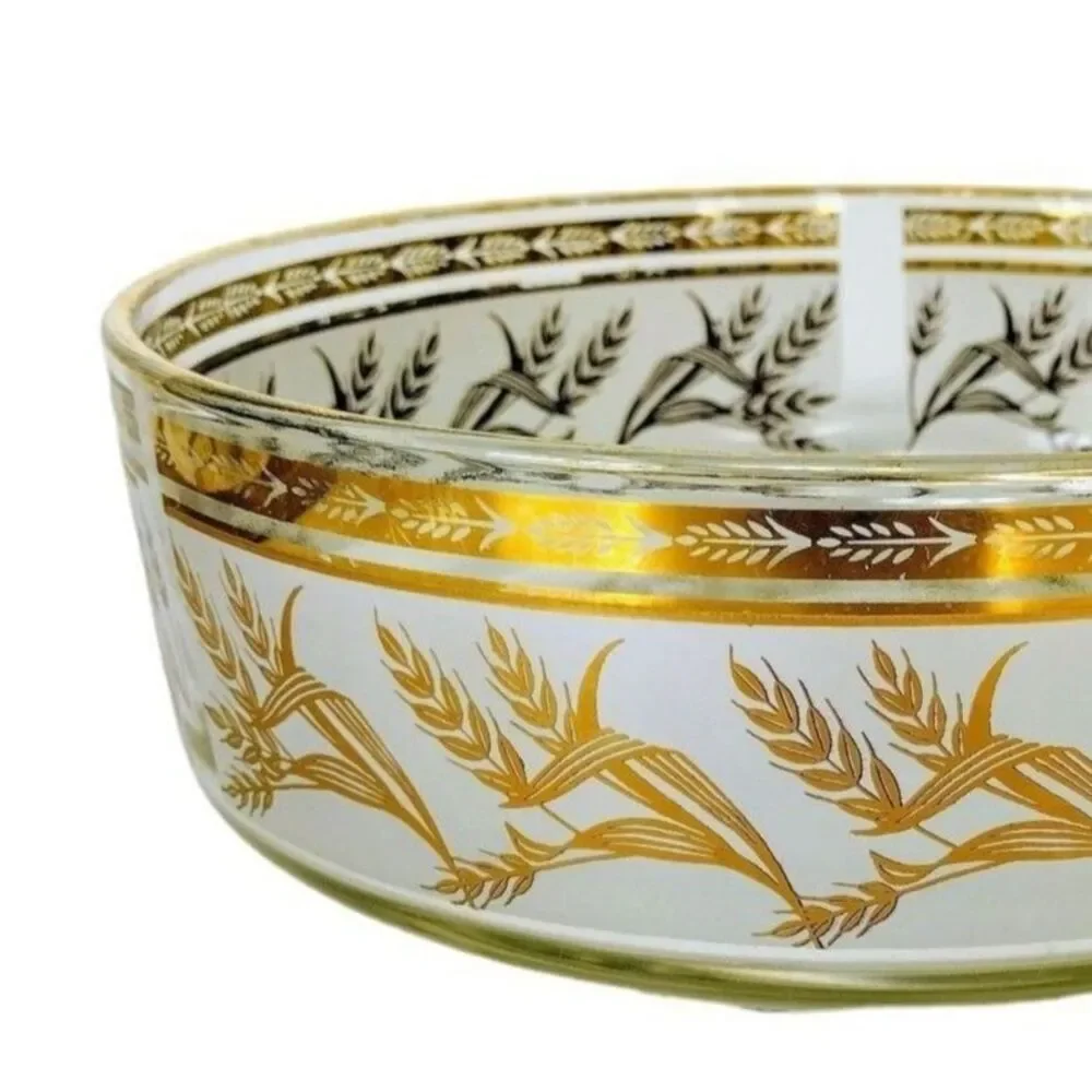 Vintage 60s MCM Gold Wheat Heavy Bottom Frosted Glass Pedestal Chip Bowl
